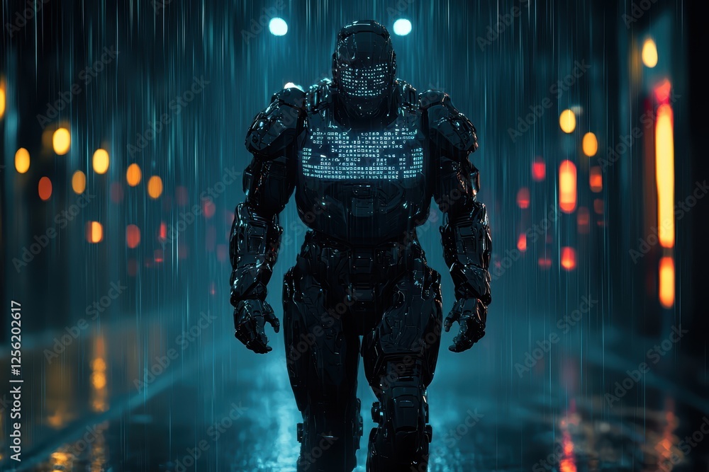 Humanoid robot glowing softly walks through rainy urban alley high fidelity environment futuristic concept Humanoid robot glowing softly walks through rainy urban alley high fidelity environment futuristic concept