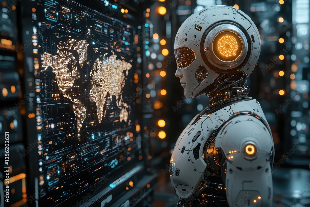 Humanoid robot analyzing global data futuristic lab digital art high-tech environment side view innovation Humanoid robot analyzing global data futuristic lab digital art high-tech environment side view innovation