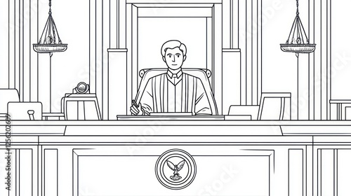 Judge in courtroom, formal setting, legal proceedings, illustration photo