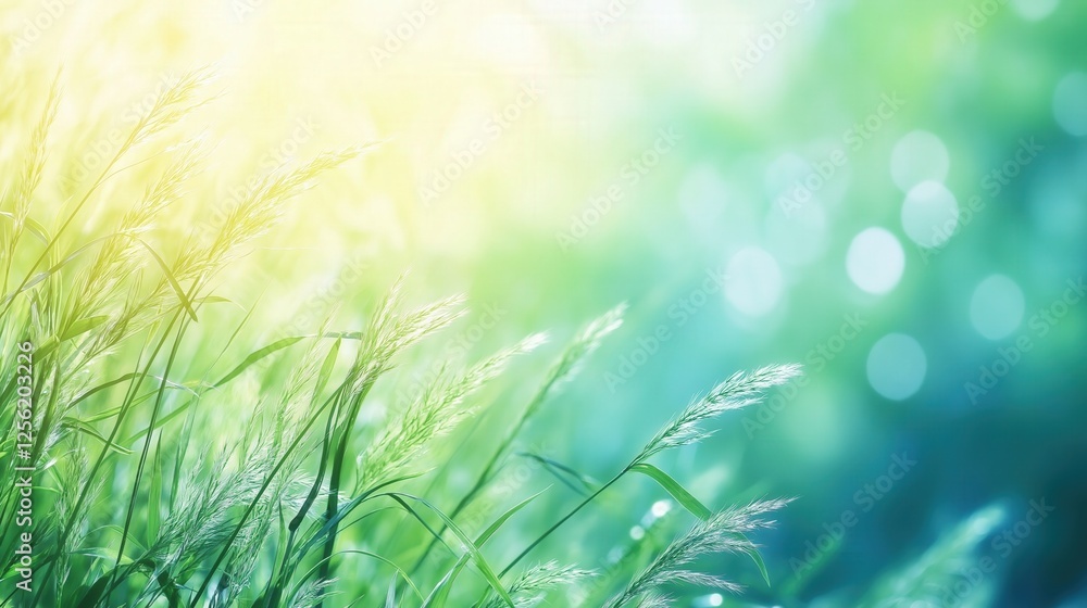 Lush Green Grass with Morning Dew and Sunlight Bokeh Lush Green Grass with Morning Dew and Sunlight Bokeh