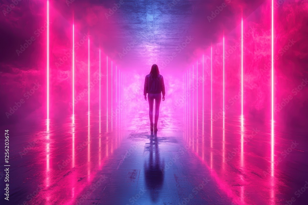 Humanoid robot in neon corridor futuristic studio high fidelity visual reflective platform artistic perspective Humanoid robot in neon corridor futuristic studio high fidelity visual reflective platform artistic perspective