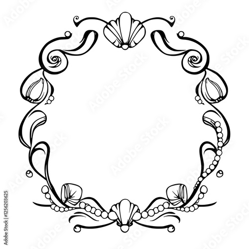 Black-and-white circular border frame with seashells, pearls, and stylized floral embellishments.