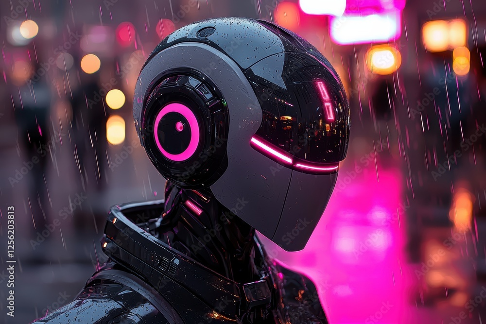 Humanoid robot stands under glowing digital rain urban street high fidelity scene neon environment futuristic viewpoint Humanoid robot stands under glowing digital rain urban street high fidelity scene neon environment futuristic viewpoint