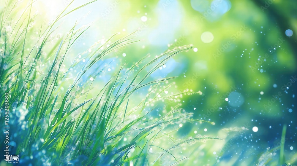 Lush Green Grass with Morning Dew and Sunlight Bokeh Lush Green Grass with Morning Dew and Sunlight Bokeh