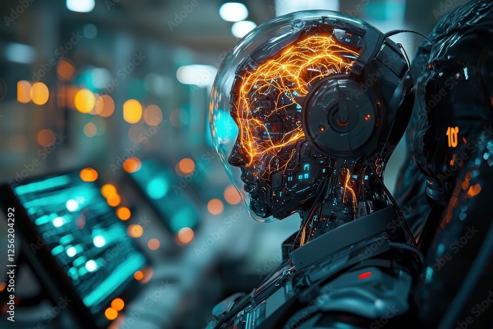 Futuristic humanoid robot with transparent head technology lab digital art sci-fi environment close-up view high fidelity concept Futuristic humanoid robot with transparent head technology lab digital art sci-fi environment close-up view high fidelity concept