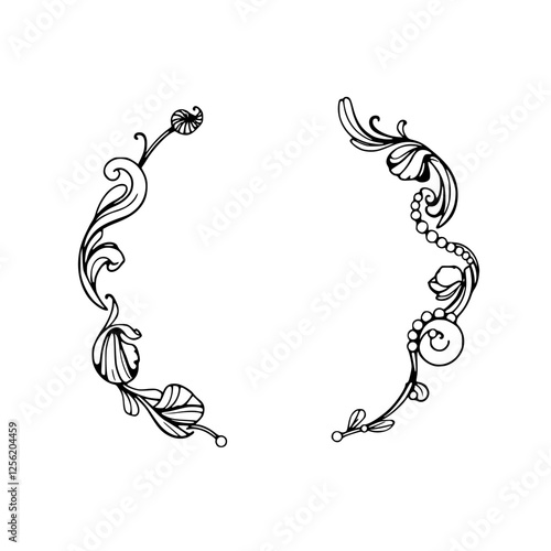 Intricate floral flourish, symmetrical design, minimalist, black and white.