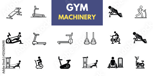 The gym and fitness icon set features a healthy lifestyle, weight training, body care, and exercise equipment icons. A solid vector collection of icons.