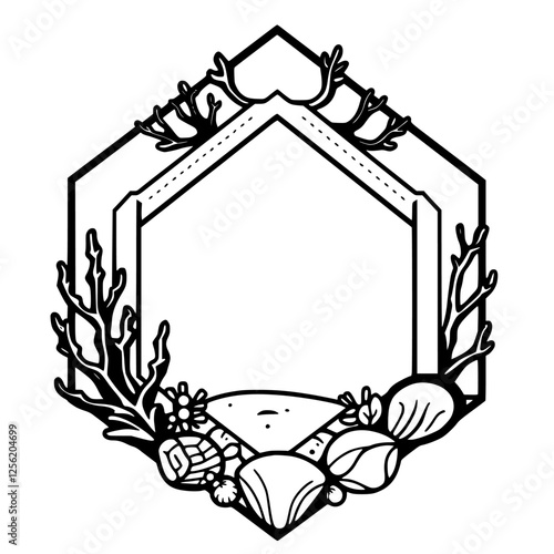 Hexagonal frame with an aquatic theme, outlined, a border of coral and marine elements, black on white.