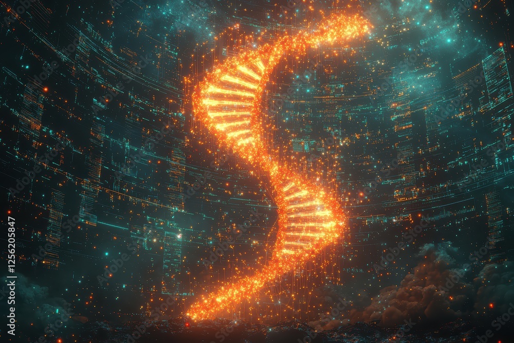 Glowing dna molecule with light ribbons virtual lab digital art futuristic environment close-up genetic engineering concept Glowing dna molecule with light ribbons virtual lab digital art futuristic environment close-up genetic engineering concept