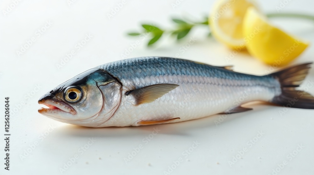 A Freshly Caught Silver Fish with Lemon Slices and Greenery on a White Surface A Freshly Caught Silver Fish with Lemon Slices and Greenery on a White Surface