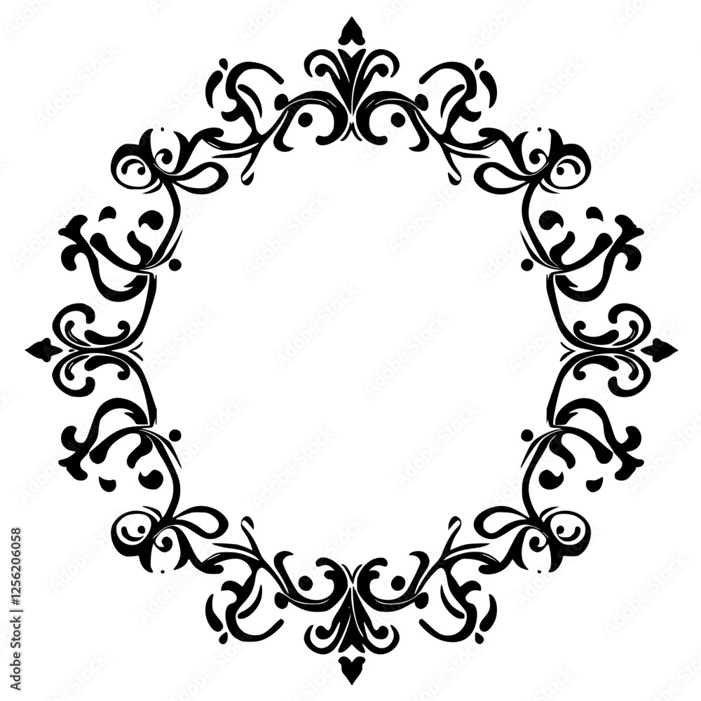 Decorative ornamental black and white wreath with floral elements on a white background. Decorative ornamental black and white wreath with floral elements on a white background.