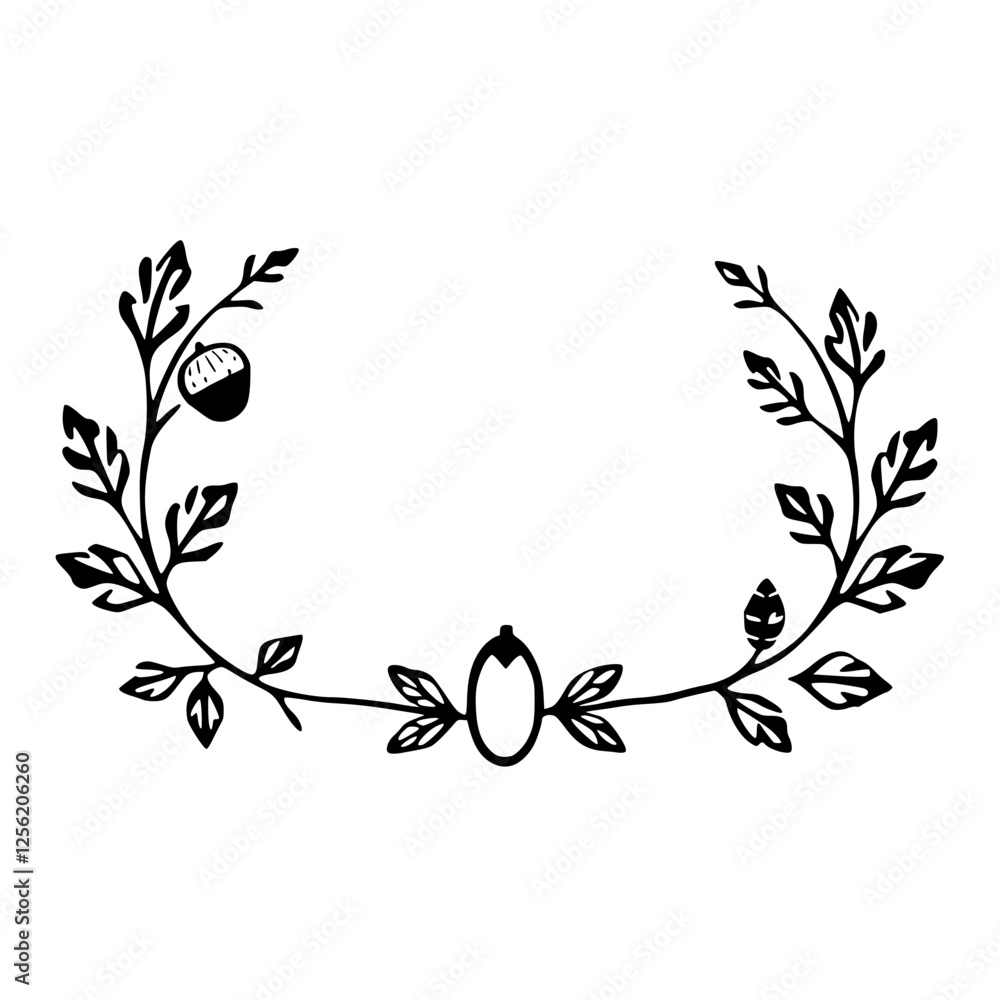 Fototapeta premium Black ink floral wreath with acorn and simple oval illustration.