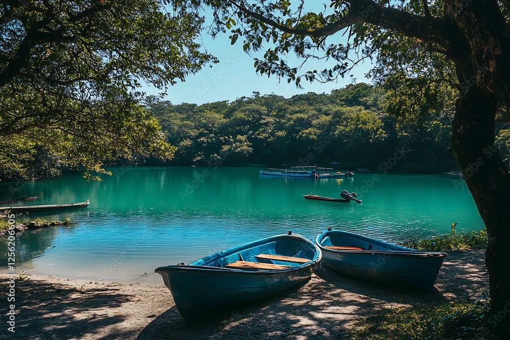 Nature photography of beautiful clear water lake with fisherman's boats and camping ground
