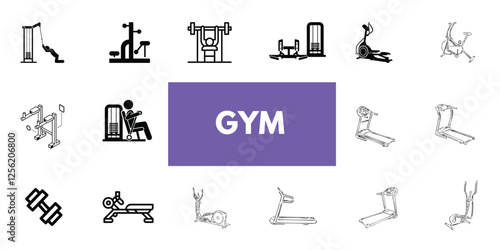The gym and fitness icon set features a healthy lifestyle, weight training, body care, and exercise equipment icons. A solid vector collection of icons.