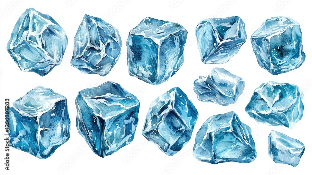 Watercolor Painting of Various Ice Cubes Watercolor Painting of Various Ice Cubes