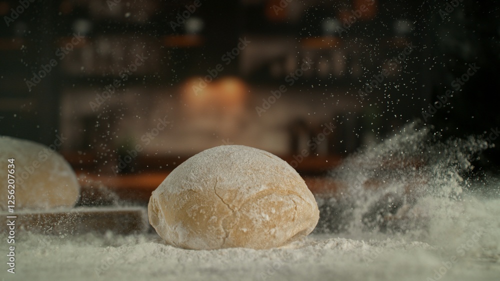 Freeze Motion of Falling Yeast Dough into Flour . Closeup of Bread or Pizza Dough Preparation Freeze Motion of Falling Yeast Dough into Flour . Closeup of Bread or Pizza Dough Preparation