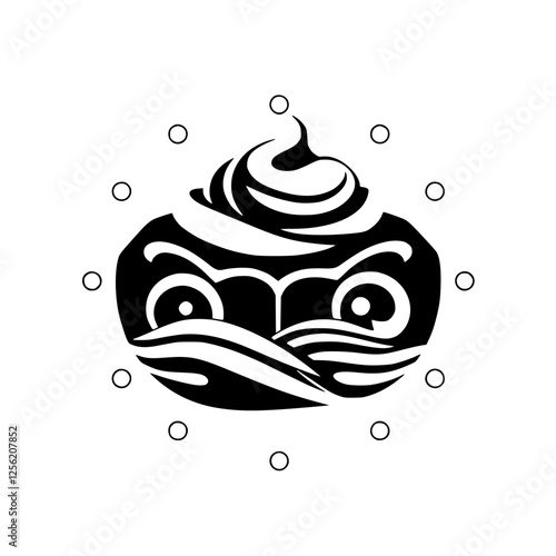 Stylized image of a black-and-white design; a symmetrical, abstract rendering of a face with eye-like features, and with additional circles around it.