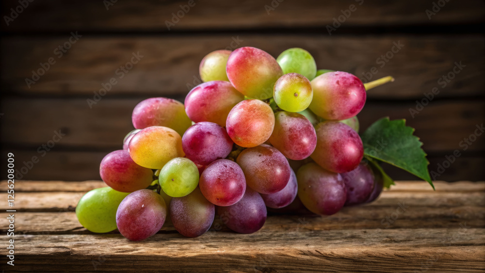 Vibrant wine grapes cluster on rustic wood table nature still life warm ambient lighting artistic perspective Vibrant wine grapes cluster on rustic wood table nature still life warm ambient lighting artistic perspective