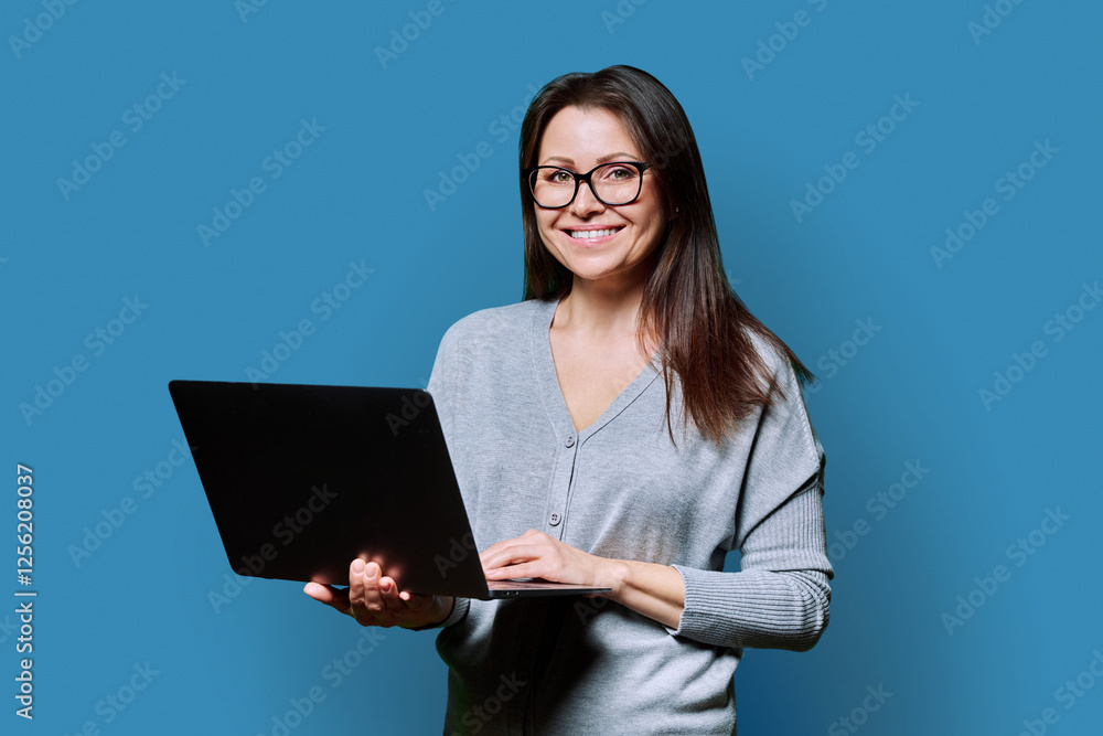 Smiling middle aged woman holding laptop on blue background Smiling middle aged woman holding laptop on blue background