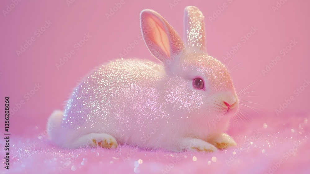 The iridescent bunny lies down on a glittery pink surface on a pastel pink background. Easter, aesthetic concept.