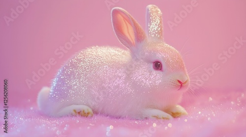 Obraz na płótnie The iridescent bunny lies down on a glittery pink surface on a pastel pink background. Easter, aesthetic concept. w salonie