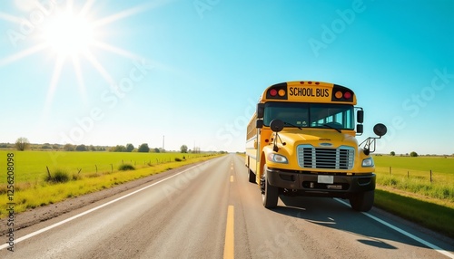 Bright yellow school bus parked on rural road under sunny clear blue sky