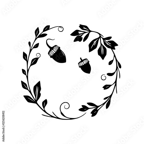 An artistic depiction of two acorns within a leafy wreath, showcasing a black and white design on a pure white background.