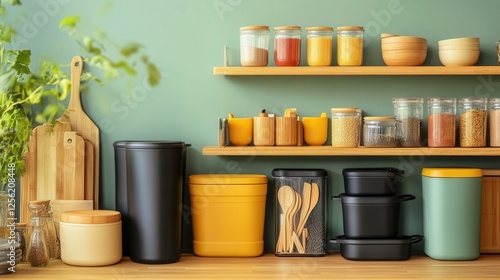 A kitchen countertop with various green and beige containers, a wooden cutting board, utensils in a holder, and fresh herbs. The scene is well-organized and aesthetically pleasing, showcasing practica photo