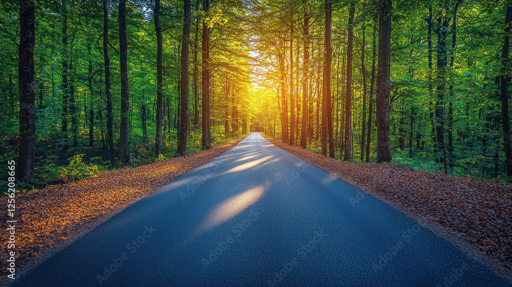 Sunlit road through forest at sunrise Sunlit road through forest at sunrise