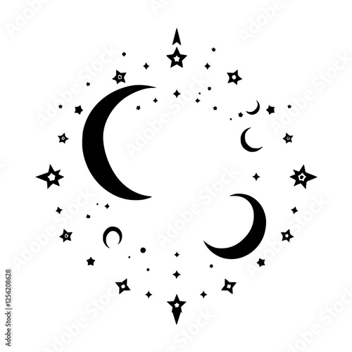 Celestial Crescent: A monochrome artwork of crescents and stars, set on a white background, with a circular arrangement of stars, dots, and crescents.