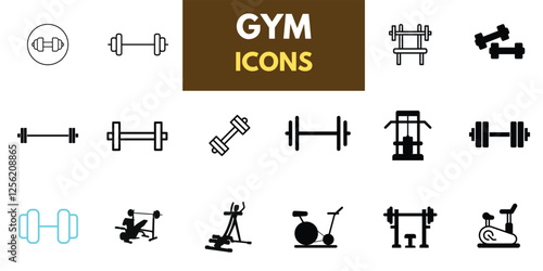 The gym and fitness icon set features a healthy lifestyle, weight training, body care, and exercise equipment icons. A solid vector collection of icons.