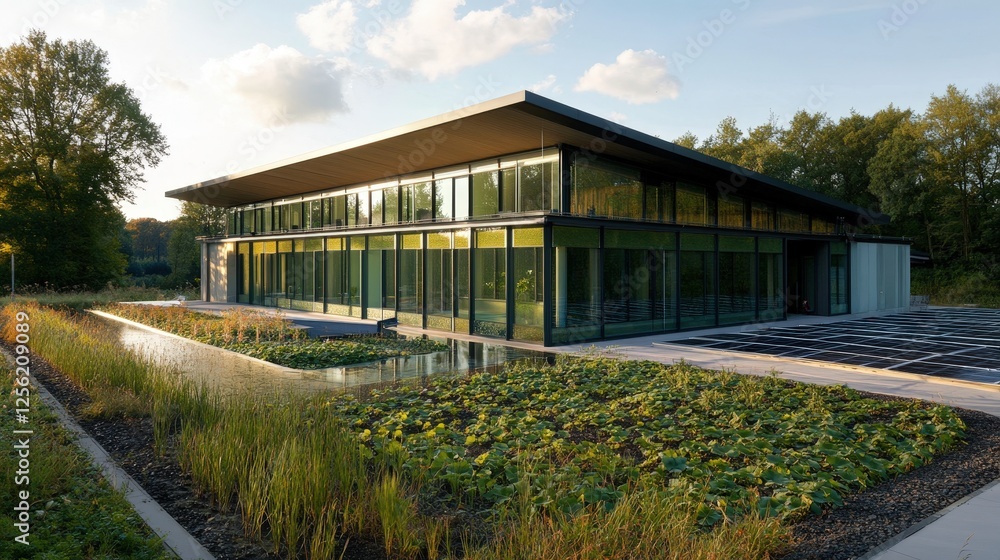 A modern house with large glass windows is covered in lush green plants, blending seamlessly with the surrounding nature. The design emphasizes sustainability and harmony with the environment. A modern house with large glass windows is covered in lush green plants, blending seamlessly with the surrounding nature. The design emphasizes sustainability and harmony with the environment.
