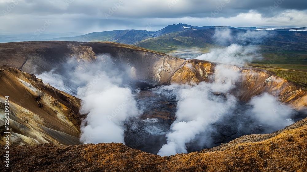 Aerial view of a volcanic crater stunning landscape with steaming vents and geological forces Aerial view of a volcanic crater stunning landscape with steaming vents and geological forces