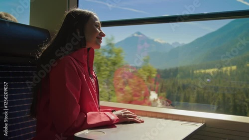 Portrait of a tourist woman traveling on Bernina Express panoramic train with a stunning view of the Alps. Perfect for lifestyle, travel, vacation, and adventure in the Swiss Alps