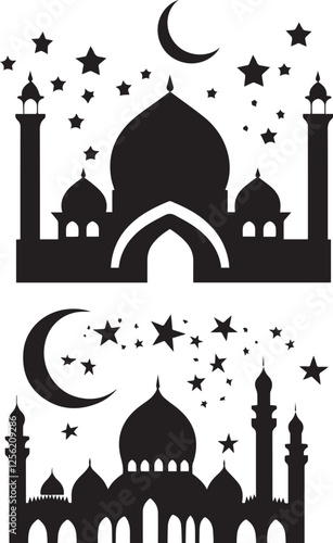 Silhouette of a Mosque with Crescent Moon and Stars