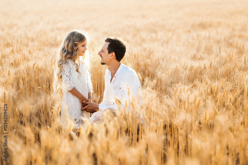 a girl in a white dress and a dad in a white shirt laugh in a field with wheat a girl in a white dress and a dad in a white shirt laugh in a field with wheat