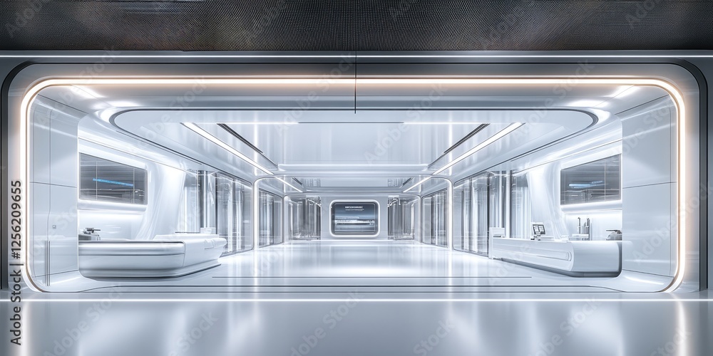 Futuristic spaceship corridor; white walls, glowing lights; science fiction background; design concept