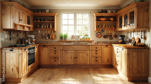 Rustic wooden kitchen with window view, cooking tools, ideal for interior design