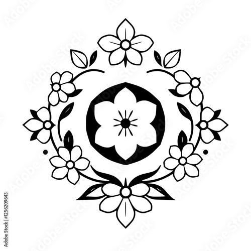 Black-and-white floral medallion with a central black-and-white design, and floral details around the edges, in a repeating pattern.