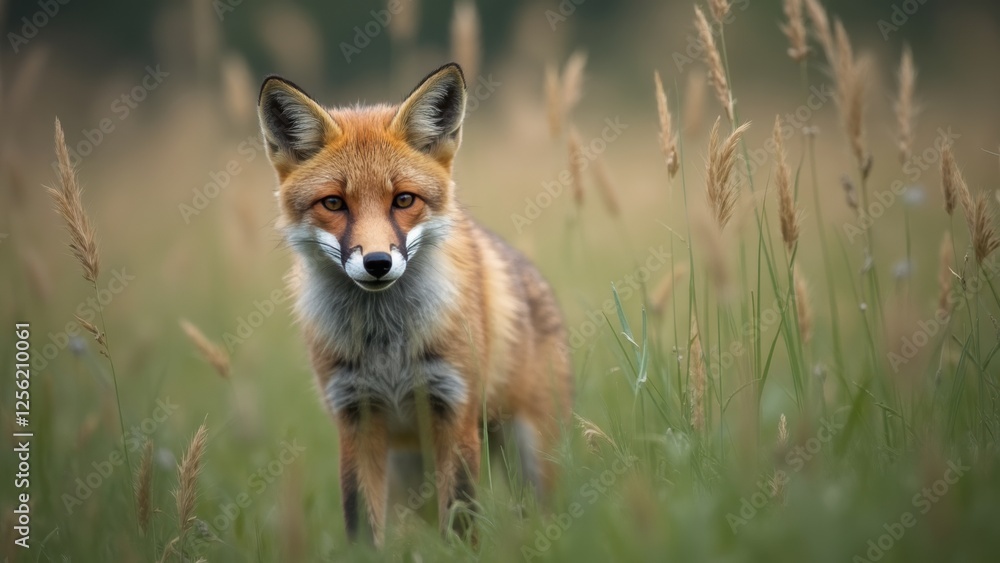 A Fox Stands Gracefully in Tall, Wild Grass, Its Gaze Focused and Alert A Fox Stands Gracefully in Tall, Wild Grass, Its Gaze Focused and Alert