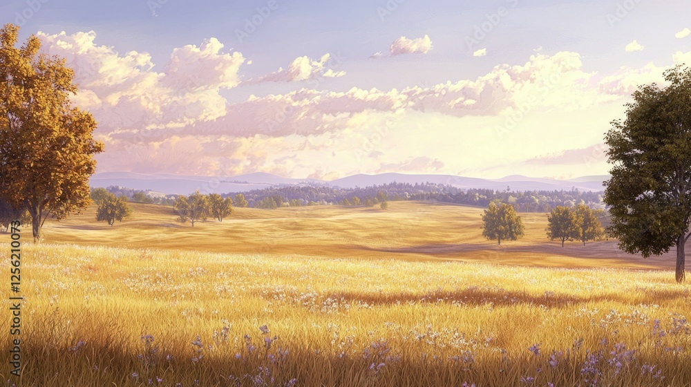 Fototapeta premium Serene Landscape with Lush Fields and Dramatic Sky at Sunset