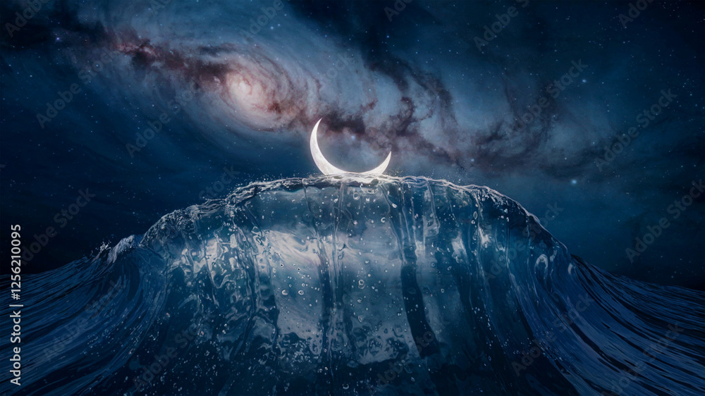 crescent moon in the galaxy sky with a giant water wave crescent moon in the galaxy sky with a giant water wave
