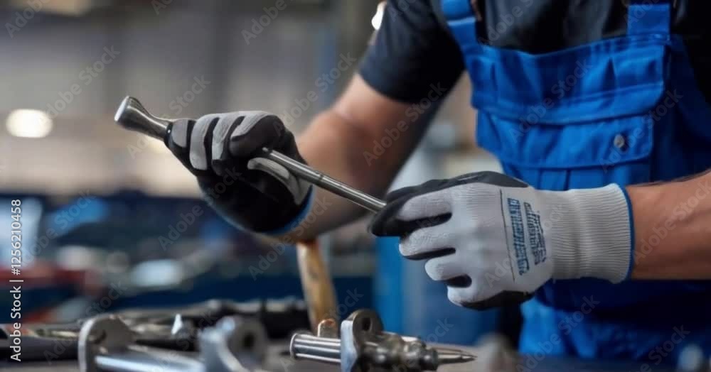 Auto mechanic in gloves working with tools in a workshop, focusing on precision and craftsmanship. Detailed shot of hands with a wrench and mechanical parts on the table Auto mechanic in gloves working with tools in a workshop, focusing on precision and craftsmanship. Detailed shot of hands with a wrench and mechanical parts on the table