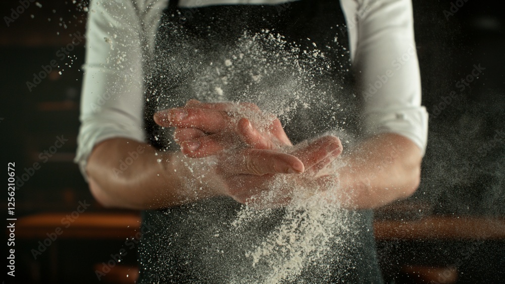 Fototapeta premium Freeze Motion Chef Clapping Hands with Flour . Closeup of Bread or Pizza Dough Preparation
