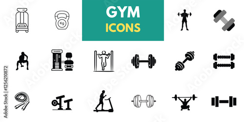 The gym and fitness icon set features a healthy lifestyle, weight training, body care, and exercise equipment icons. A solid vector collection of icons.