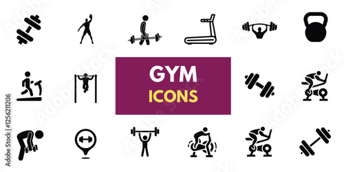 The gym and fitness icon set features a healthy lifestyle, weight training, body care, and exercise equipment icons. A solid vector collection of icons.