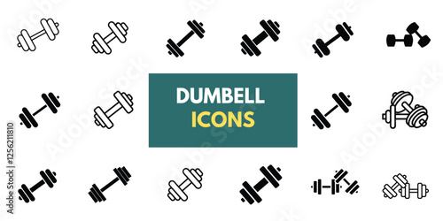 Black minimalist dumbbell icons are perfect for representing gym exercises. The vector illustration is ideal for fitness-related projects, providing a simple yet effective visual element.