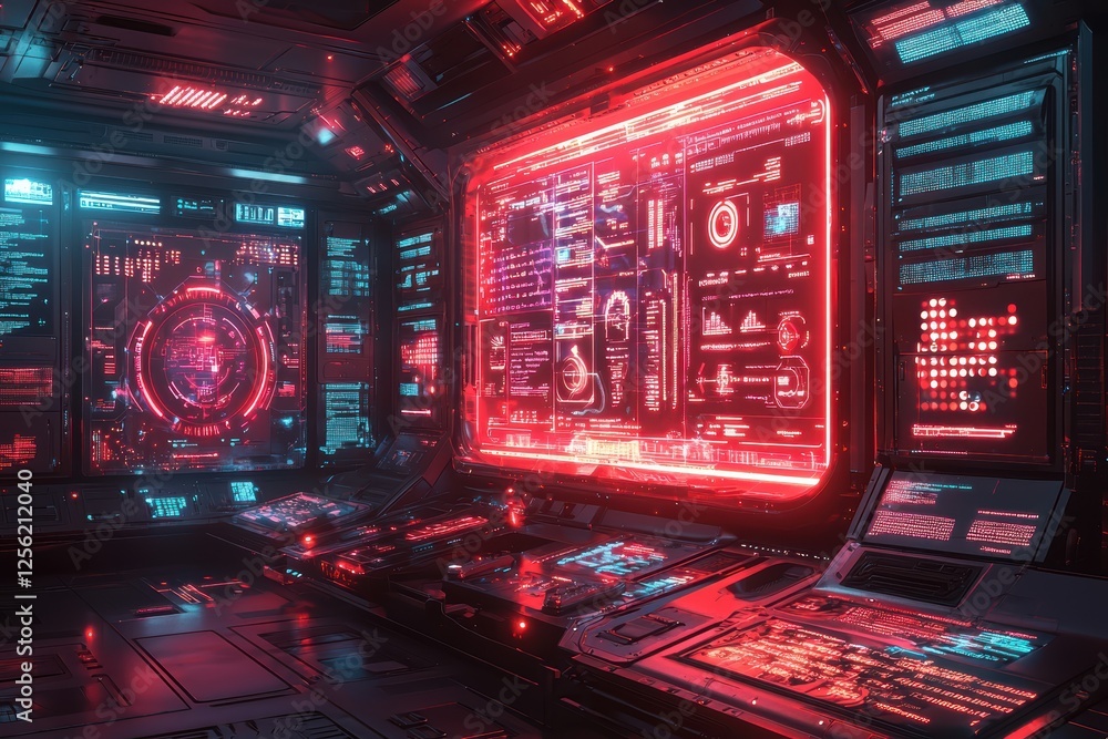 Obraz premium Futuristic ai interface projection sci-fi laboratory digital display high-tech environment immersive view advanced technology