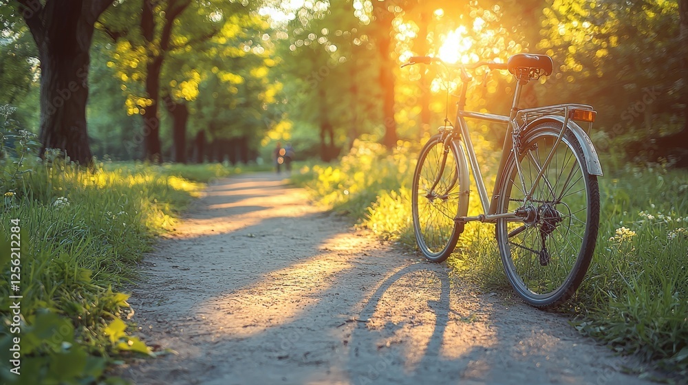 A bicycle parked along a sunlit path in a lush green park. A bicycle parked along a sunlit path in a lush green park.