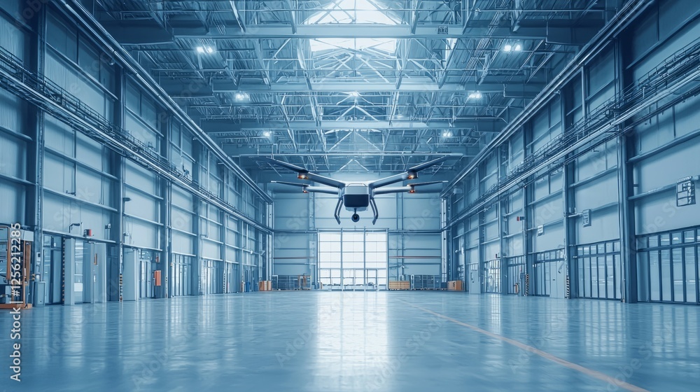 Drone Flying Inside a Spacious Industrial Warehouse Environment Drone Flying Inside a Spacious Industrial Warehouse Environment